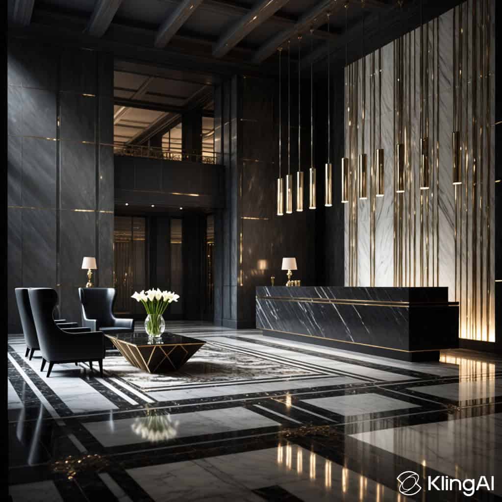 Luxurious hotel lobby with black marble accents, gold trim, and contemporary lighting at The Ivory Hotel.